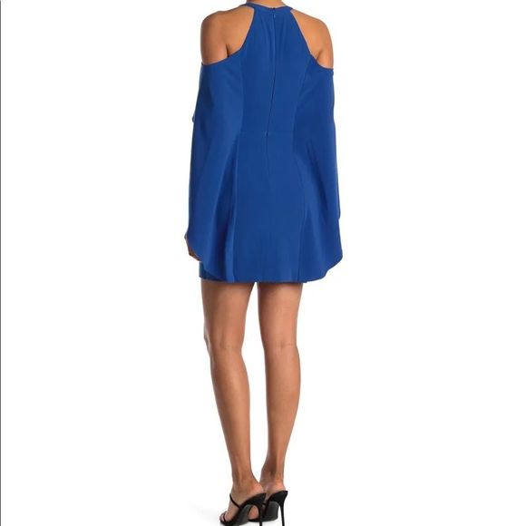 NWT HALSTON Royal Blue Beaded Collared Cold Shoulder Sleeve Draped Mini Dress - Picture 3 of 13